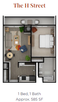 Floor plan for 1 bed, 1 bath, 585 sqft